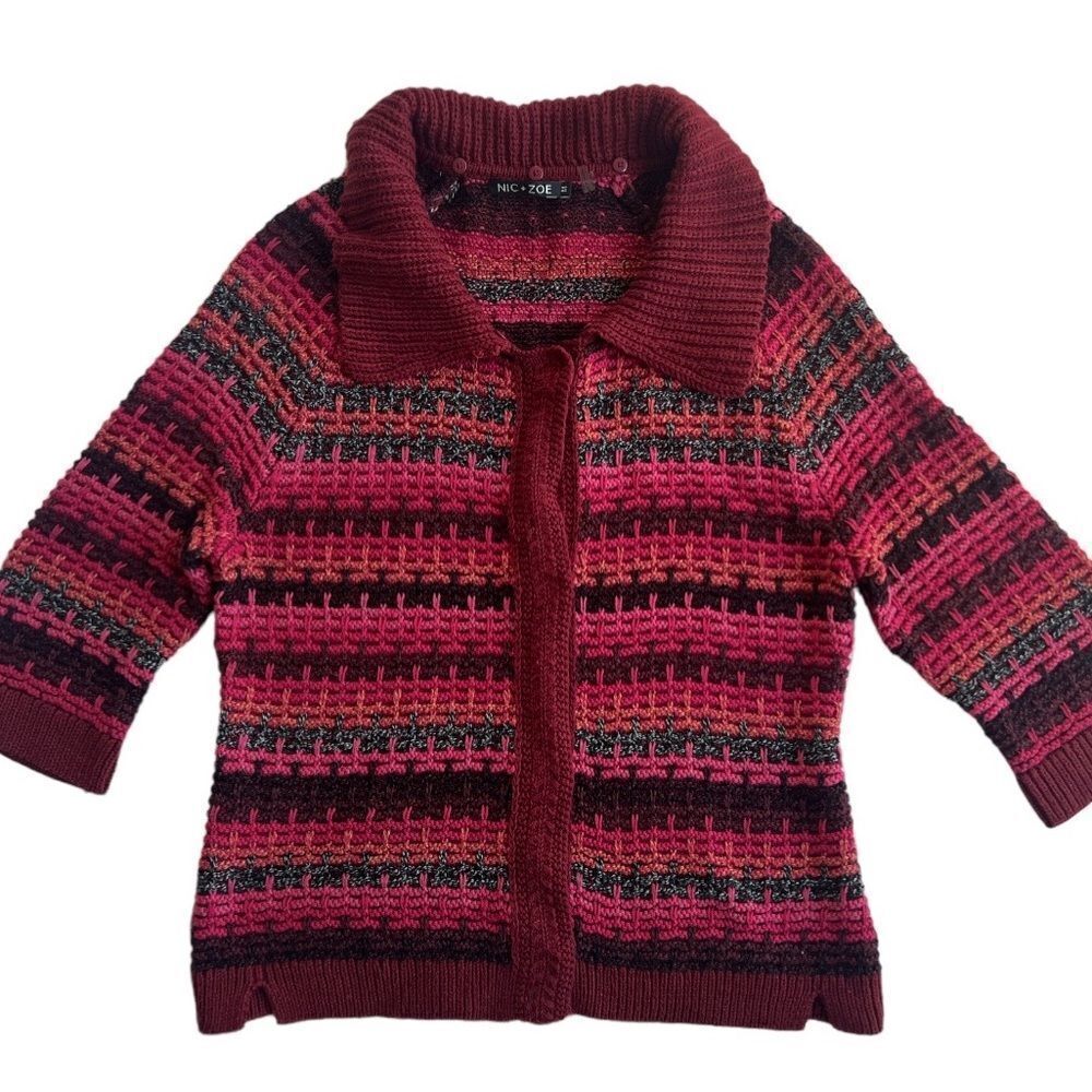 Nic + Zoe Colorful Cardigan Fall Cozy 3/4 sleeve Chunky Sweater sz M